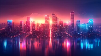 Glowing Neon Cityscape at Night with Bustling Streets and Illuminated Skyscrapers