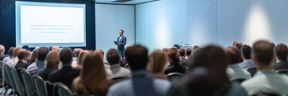Poster delivering an engaging and interactive business presentation at a corporate conference designed to i