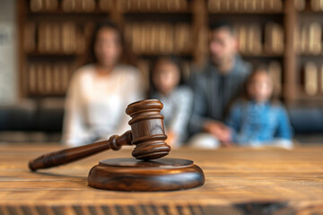 Family law, family right judgement court justice legislation concept. Child-custody. Wooden judge's gavel and family with children kids on background awaiting judge decision

