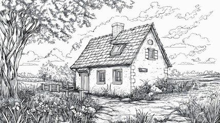 Old house building architecture in vintage village illustration, featuring home design and sketch landscape art, with graphic line drawing and coloring page book