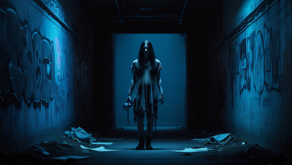 Cinematic horror-style photo of dimly lit hallway with graffiti, eerie blue lighting, woman with dark hair and mask, scattered debris, unsettling ambiance, generative ai