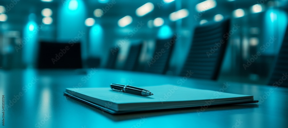 Poster this modern conference room, equipped with a notepad and pen, fosters collaboration and productivity