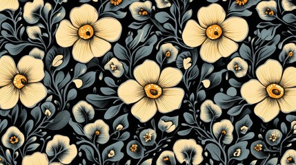Fototapeta premium Repeating Floral Pattern Featuring Stylized Blooms and Foliage