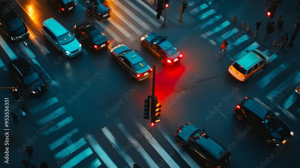 Poster wide shot of a traffic light changing from red to green at a busy intersection, with vehicles and pe