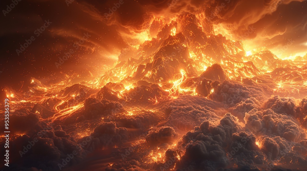 Poster Molten lava in the shape of mountains, fireflies above, sky lit up, 16k UHD quality 