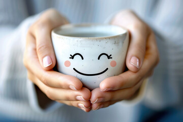 Happy tea drink with happy emoji face on big yellow cup in woman's hands. The most happiest and...