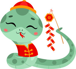 Cute Chinese New Year Snake Cartoon Character Holding A Red Chinese Firecracker. Vector Illustration Flat Design Isolated On Transparent Background