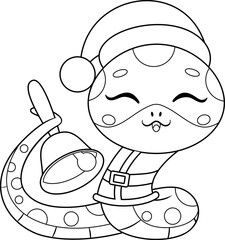 Outlined Cute Chinese New Year Snake Cartoon Character With Santa Hat Ringing A Bell. Vector Hand Drawn Illustration Isolated On Transparent Background
