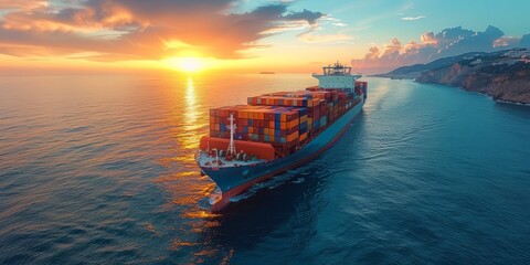 Obraz premium Container ship navigating along a coastline at sunset