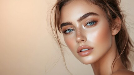 Fototapeta premium Young woman with a glowing, natural makeup look, including dewy skin and soft eyeshadow, posing against a clean, light-colored background.