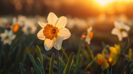 Fototapeta premium White daffodils in the meadow at sunrise. Nature background.