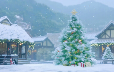 Fototapeta premium A snow-covered Christmas tree adorned with lights and ornaments stands in a quaint village setting, capturing the essence of winter.