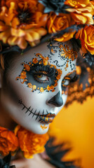 A woman with intricate Day of the Dead makeup, adorned with orange and black flowers, gazes intensely with a haunting expression.