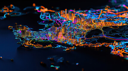 Fototapeta premium Technical aerial visual, 3D LiDAR GIS aerial map satellite scan model isolated, showing Pattaya, Thailand. Elevation, topography, render
