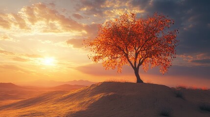 Orange-leafed tree on a sandy mound, glowing in the warm hues of a desert sunset