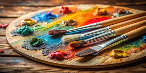 Obraz premium Artists brushes and oil paints on wooden palette, palette, paint, brushes, artist, creativity, colors, artistic, supplies, tools