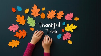 Little hands assembling a "Thankful Tree" using paper leaves, each one listing something they are thankful for, Thanksgiving crafts for kids, gratitude craft