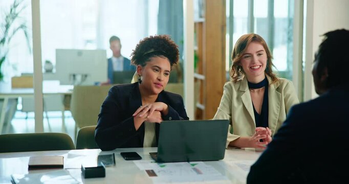 Business people, meeting and interview with discussion for hiring, recruiting or conversation at office. Happy, group or employees talking with candidate for job or career opportunity at workplace
