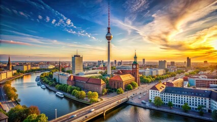 Fototapeta premium Berlin skyline featuring the iconic TV tower, with a picturesque panorama of the cityscape below, Berlin, skyline, TV tower