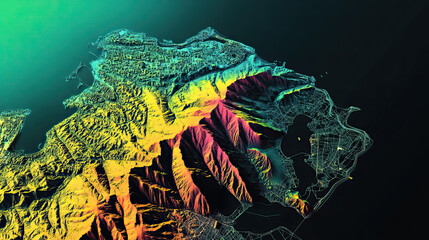 Fototapeta premium Technical aerial visual, 3D LiDAR GIS aerial map satellite scan model isolated, showing Penang, Malaysia. Elevation, topography, render