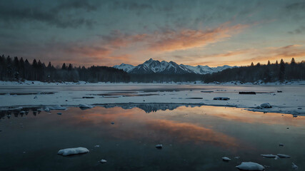 Fototapeta premium Frozen lake reflecting the icy winter landscape background