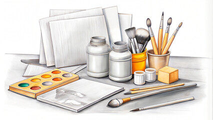 Art supplies including brushes, paints, and paper on a workspace for creative projects