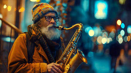 Man playing saxophone on the street, performing music with a jazz instrument, creating a blues sound, as a musical musician, in a performance concert, featuring a saxophonist artist