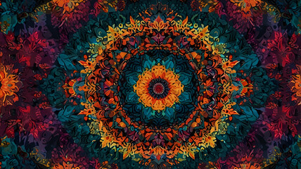A vibrant kaleidoscope pattern with complex, symmetrical designs and bold, contrasting colors creating a mesmerizing visual effect. Background