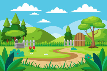Naklejka premium Landscape with a green grass garden and an open sky vector illustration 