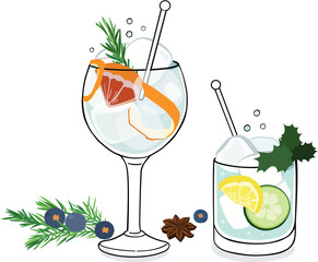 Christmas gin and tonic drink, cocktail illustration. Isolated vector graphic.