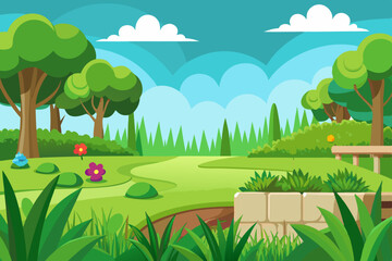 Obraz premium Landscape with a green grass garden and an open sky vector illustration 