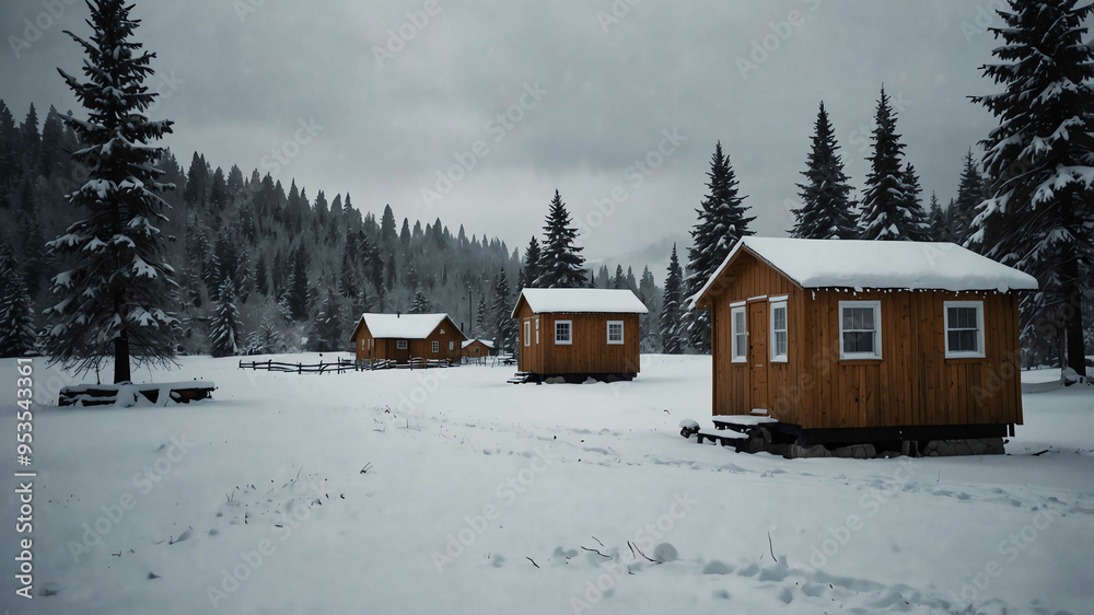 Canvas Prints Snow covered cabins in winter landscape background