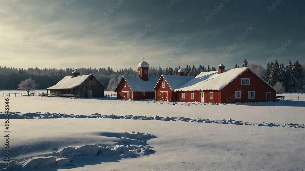 Sticker Snow covered farmhouses in winter landscape background