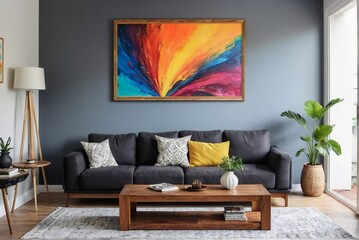 Stylish contrast living room interior with comfortable dark sofa, wooden table, colorful art frame on the wall with copy space.