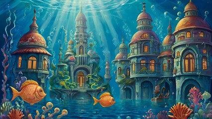 Fototapeta premium A colorful underwater scene with a castle and a boat - generative AI