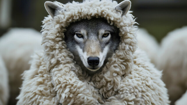 Wolf in sheep costume, an evil disguise of deception and fraud, cunning and dishonesty, with an animal skin of deceit trick, as a metaphor for a predator in danger