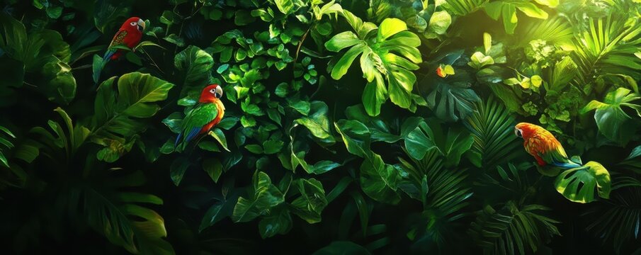 Vibrant tropical rainforest with lush green foliage and colorful parrots perched on branches, illuminated by sunlight.