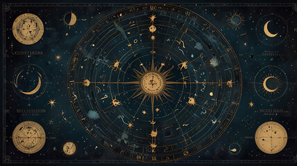 Naklejka premium A celestial map with constellations, zodiac symbols, and the phases of the moon illustrated in a vintage style. Background