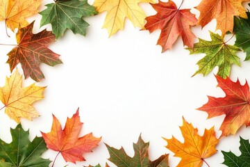 Fototapeta premium Autumn Maple Leaves Flat Lay White Background created with Generative AI