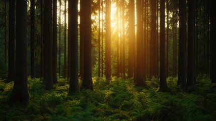Sunlight filters through a dense forest of tall trees, casting a golden glow on the foliage and creating a serene natural landscape.