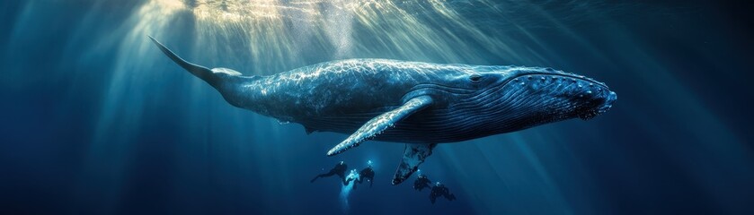 Fototapeta premium Majestic Blue Whale Swimming Underwater with Divers in Sunlit Ocean Depths