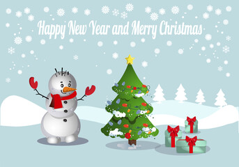 card happy new year  winter landscape with snowman, green tree, merry christmas presents, snowflakes