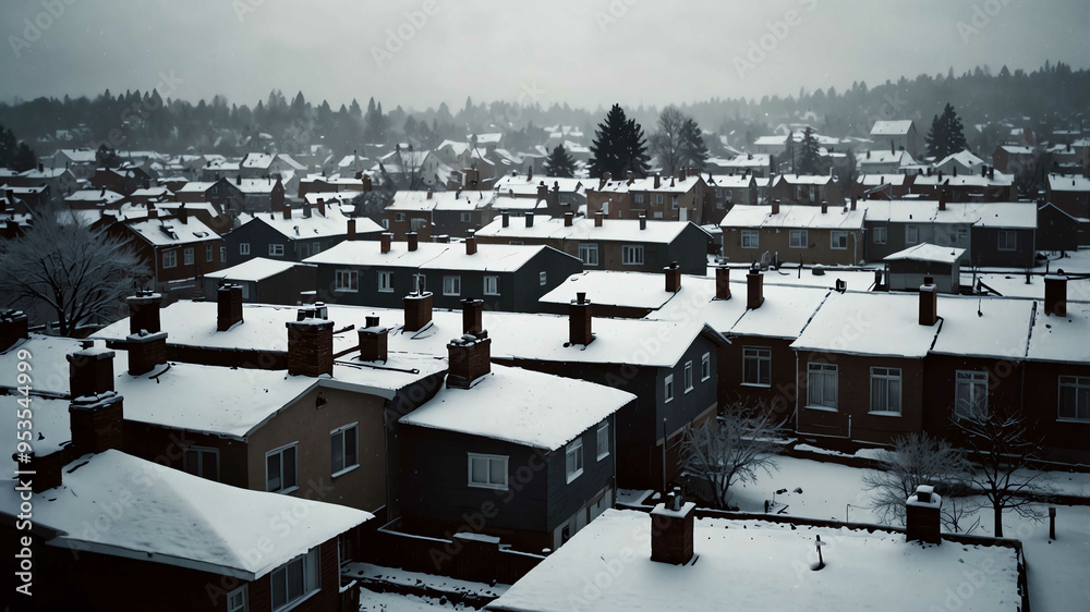 Poster Snow covered rooftops dotting winter landscape background