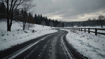 Obraz premium Snow covered road winding through winter landscape background
