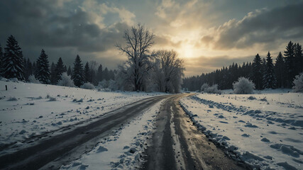 Naklejka premium Snow covered roads through winter landscape background