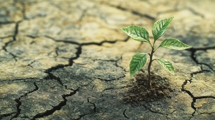 Sapling growing from cracked ground, a symbol of hope and perseverance in challenging conditions