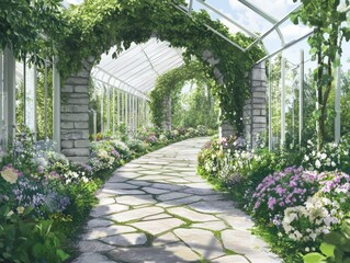 Obraz premium Scenic greenhouse pathway with stone walkway, surrounded by vibrant blooming flowers and greenery under a clear glass canopy.