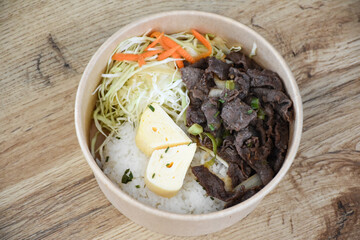 Korean food with beef and egg heart and rice