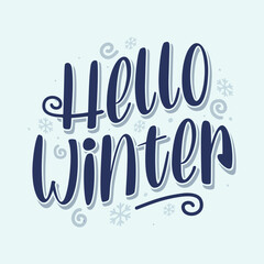 Hello winter handwritten lettering greeting card, wallpaper, poster, banner. Winter editable text logo with snowflake.