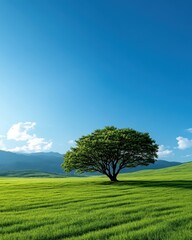 Obraz premium A serene landscape featuring a lone tree amidst vibrant green grass under a clear blue sky with distant mountains.